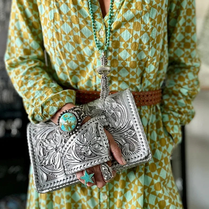 New Retro Pattern Printing Handbags Woman Soft Designer PU Leather Bags Luxury Small Handbags Silver Print Commuter Handbag