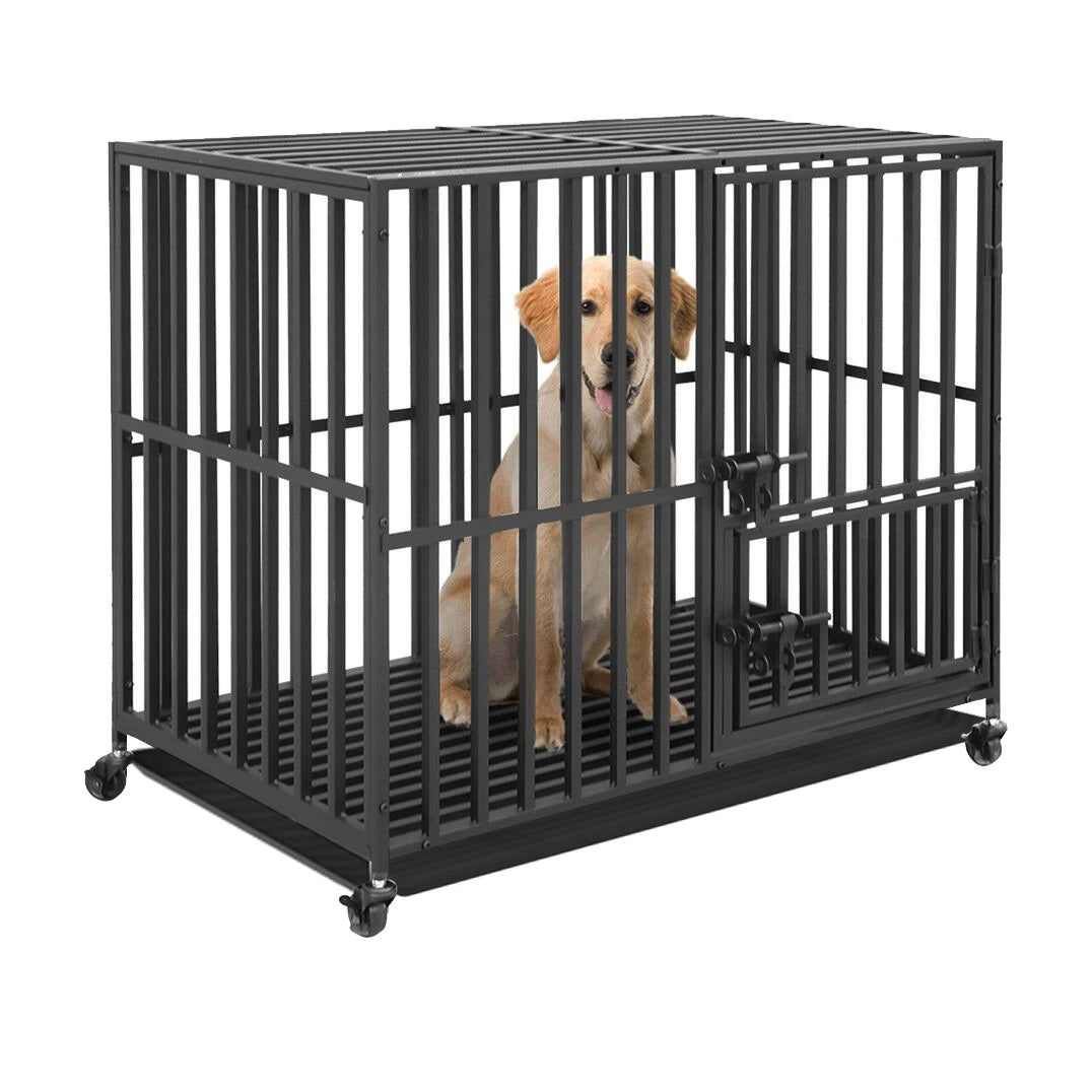 Bingopaw Heavy Duty Metal Dog Crate With 3 Doors Wheels Tray