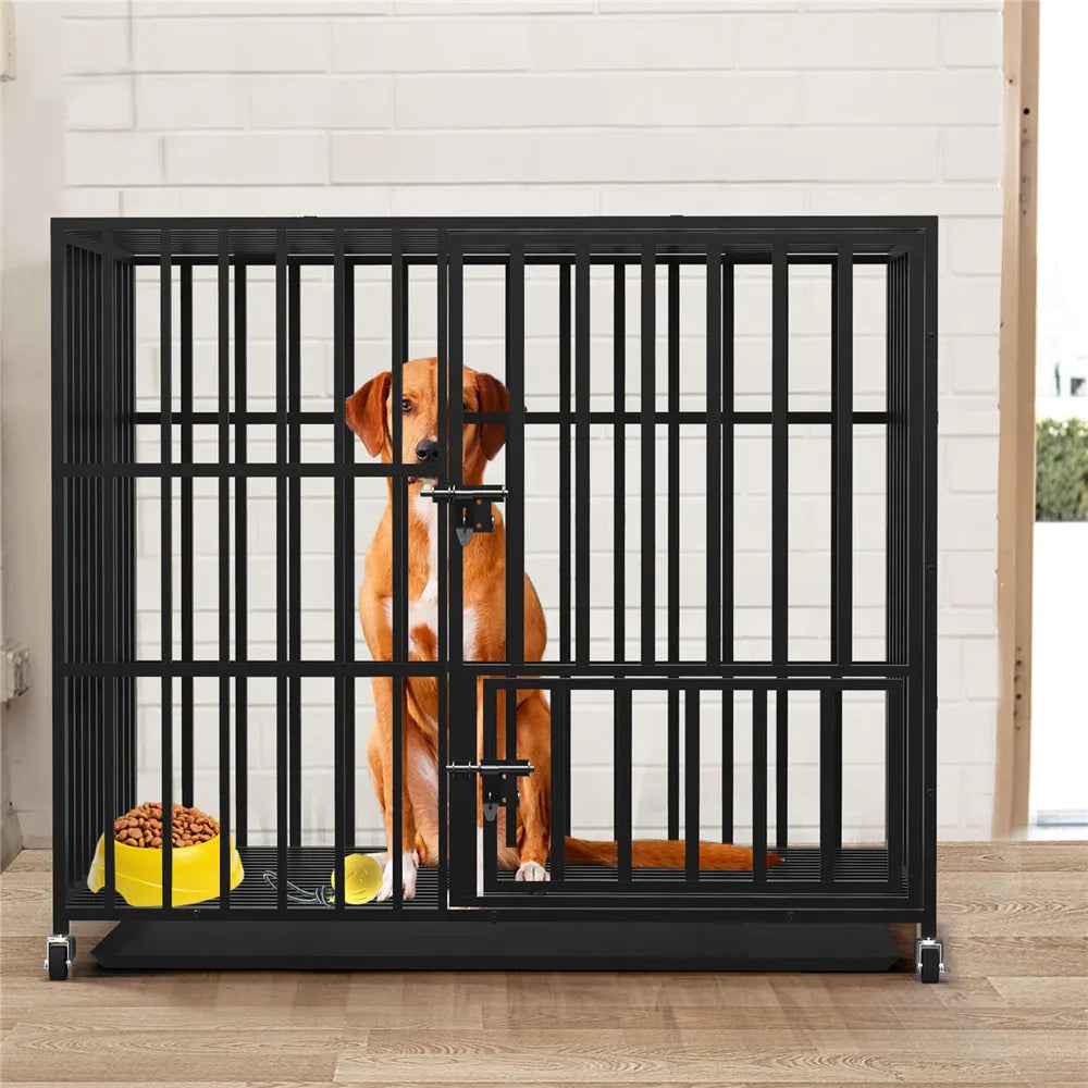 Bingopaw Heavy Duty Metal Dog Crate With 3 Doors Wheels Tray