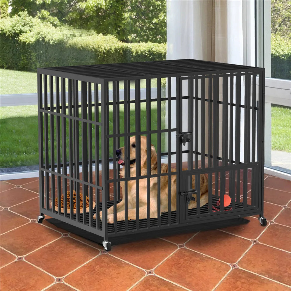 Bingopaw Heavy Duty Metal Dog Crate With 3 Doors Wheels Tray