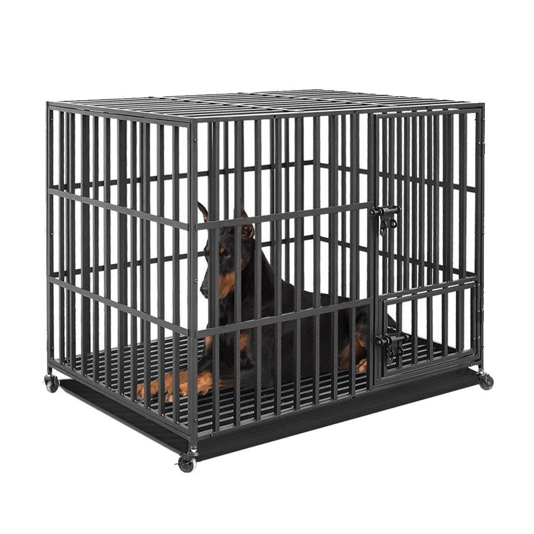Bingopaw Heavy Duty Metal Dog Crate With 3 Doors Wheels Tray