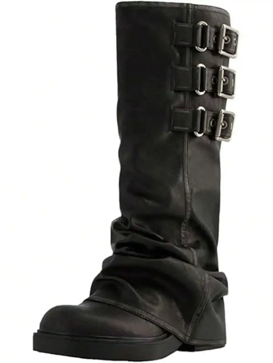 Fold Over Knee High Slouch Boots For Women Chunky Platform Square Toe Riding Boots
