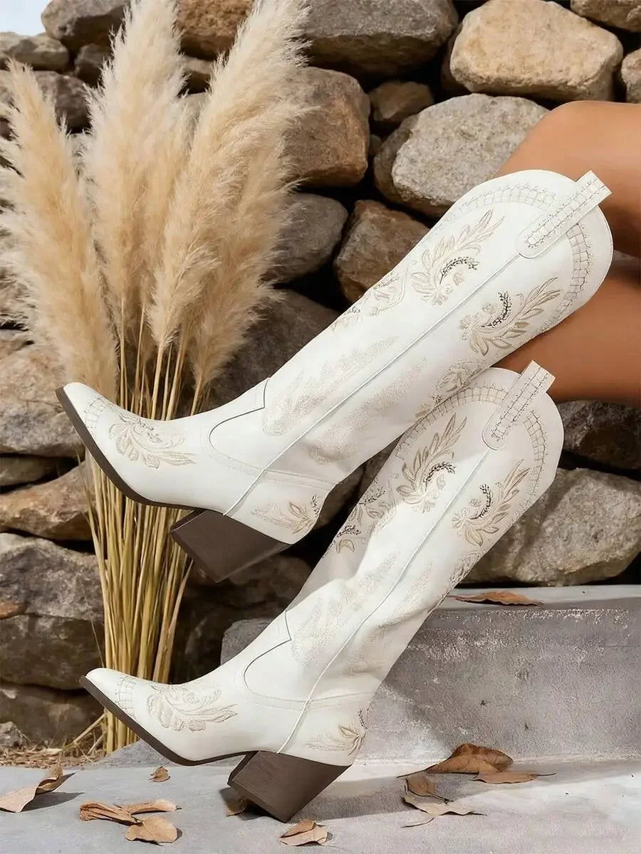 Womens Western Embroidered Cowgirl Boots Pointed Toe Chunky High Heel Outdoor Fashion Riding Boots