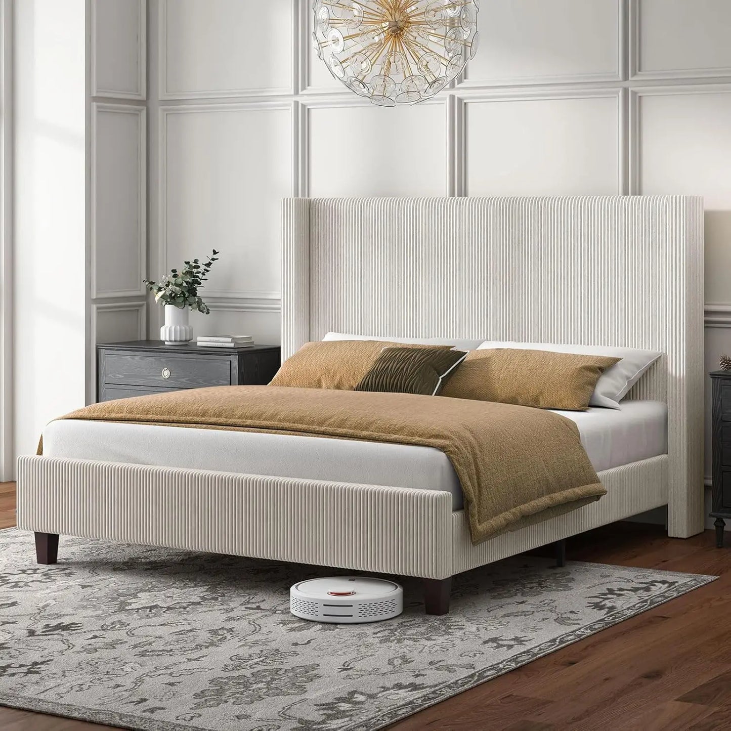 Queen Size Bed Frame with 50.8" Tall Wingback Headboard, Modern Corduroy Upholstered Platform Bed Frame with Solid, Customized
