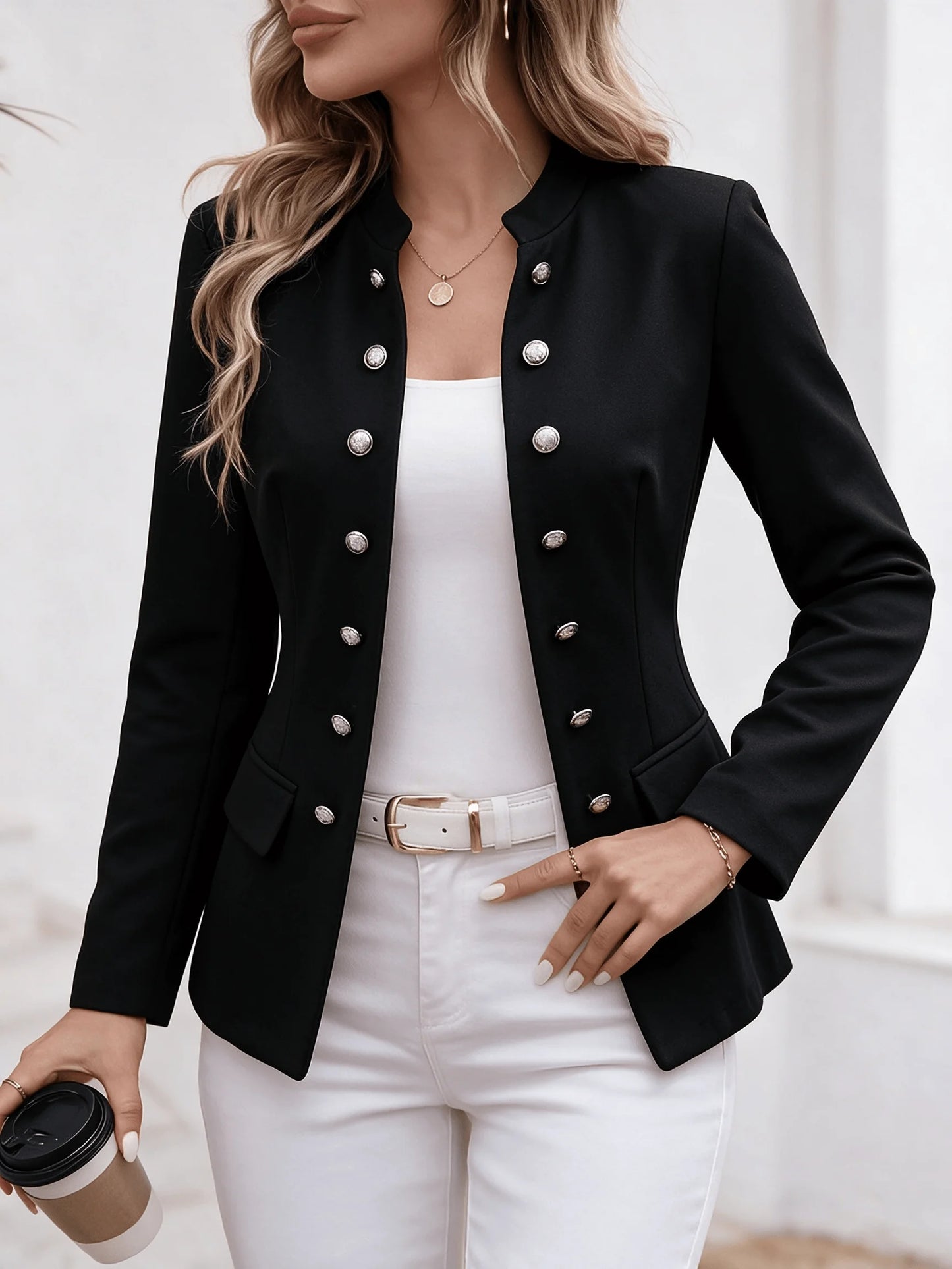 Women Stand Collar Blazer Jacket Elegant Double‑Row Silver Button Long Sleeve Slim Fit Office Business Casual Outerwear for Daily Work