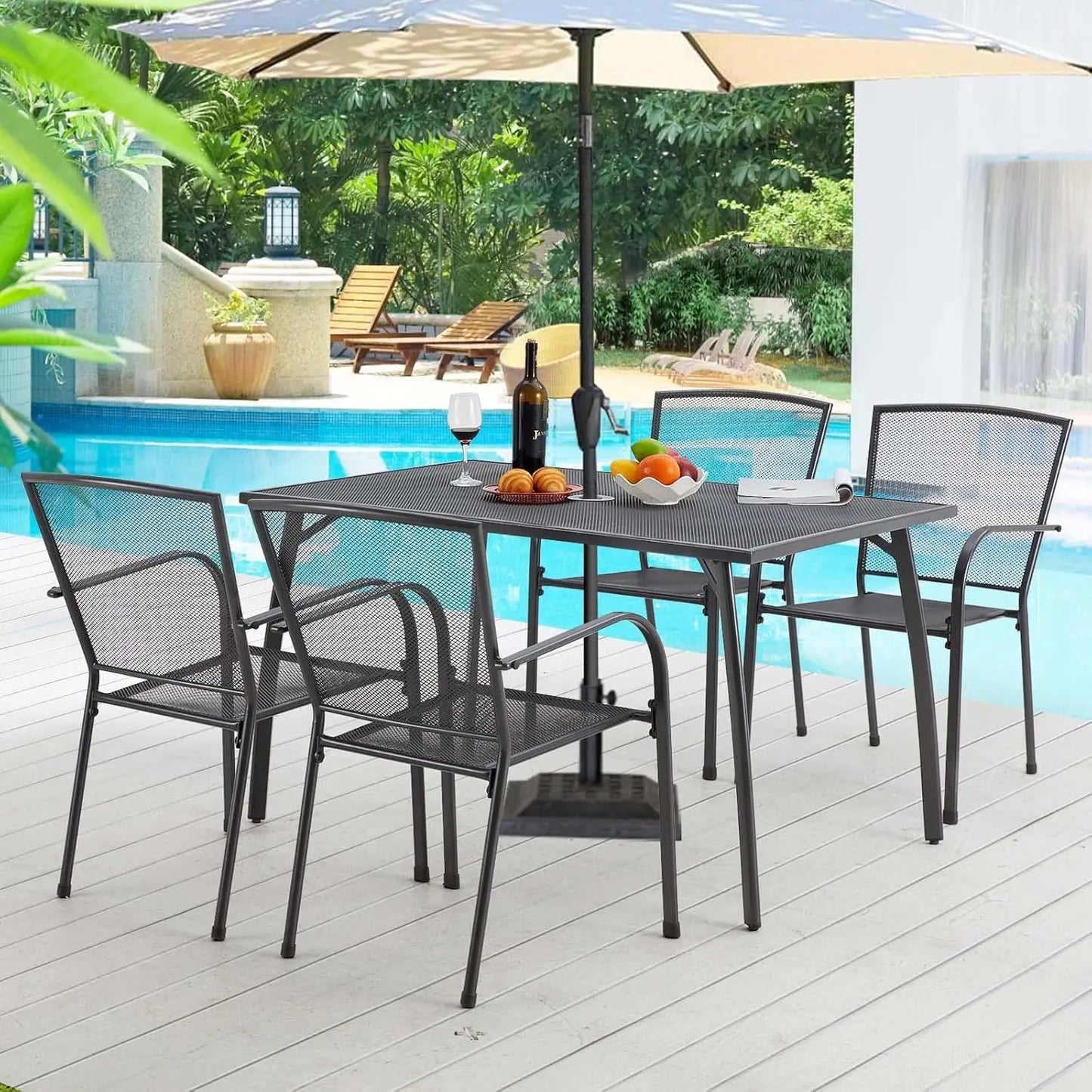 5 Piece Outdoor Table and Chair, Patio Outdoor Dining Set with 1.73" Umbrella Hole, Patio Table and Chair Set of 4 for Garden