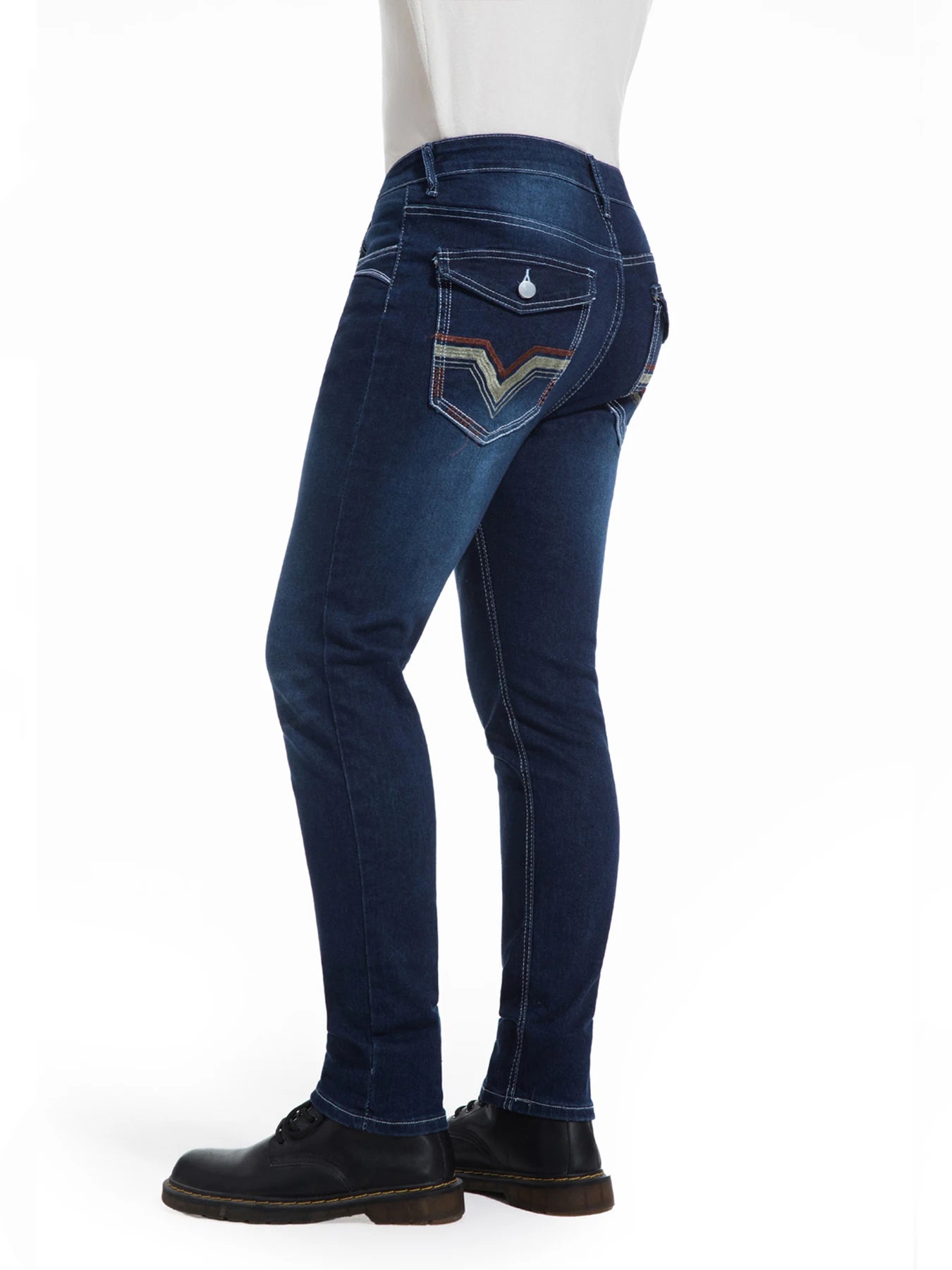 Men's deep blue elastic embroidered casual stretch jeans, street style, solid color, suitable for all seasons.