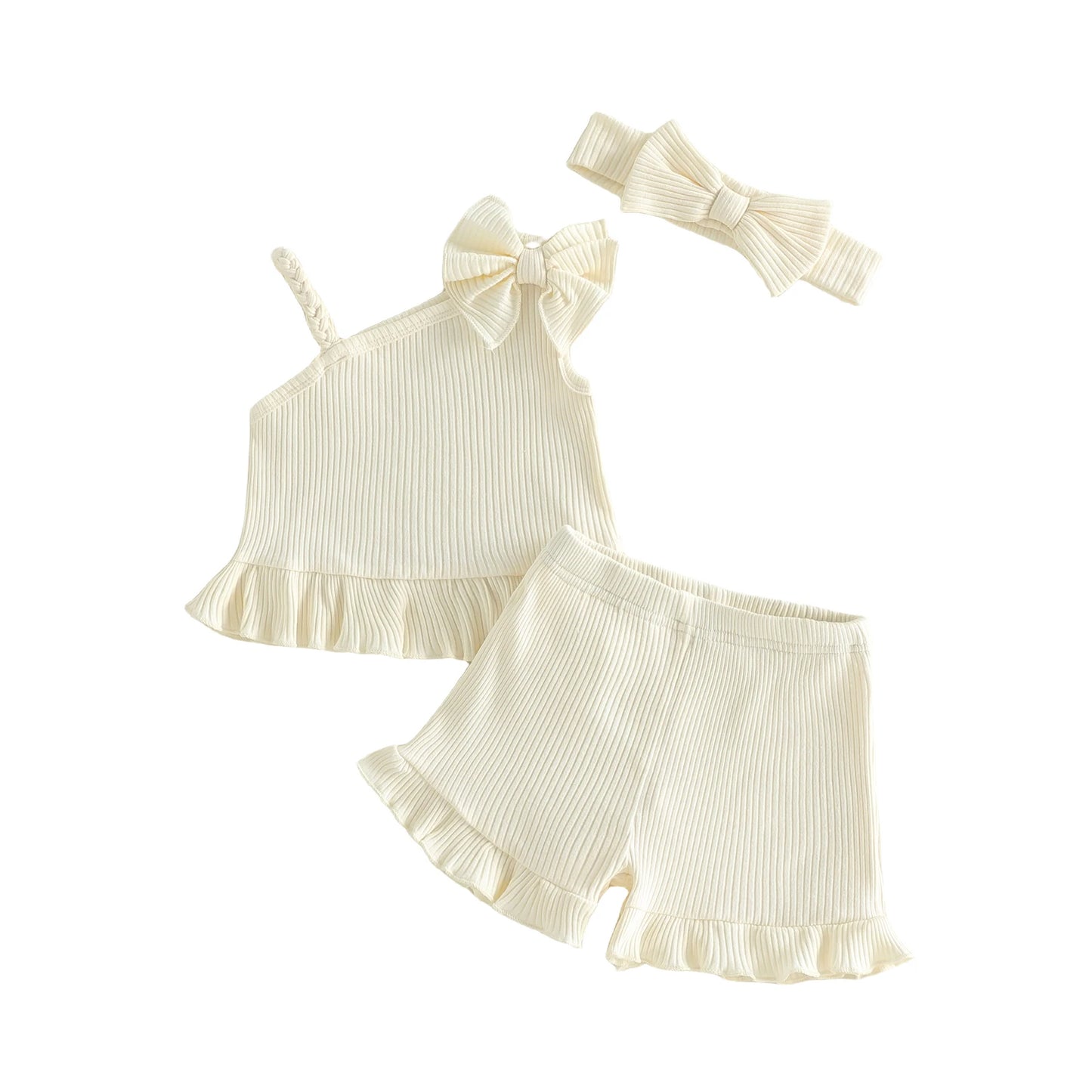 Adorable Toddler Girl s Summer Ensemble with Bow Detail Ribbed Sleeveless Top Ruffle Shorts and Matching Headband - 3 Piece