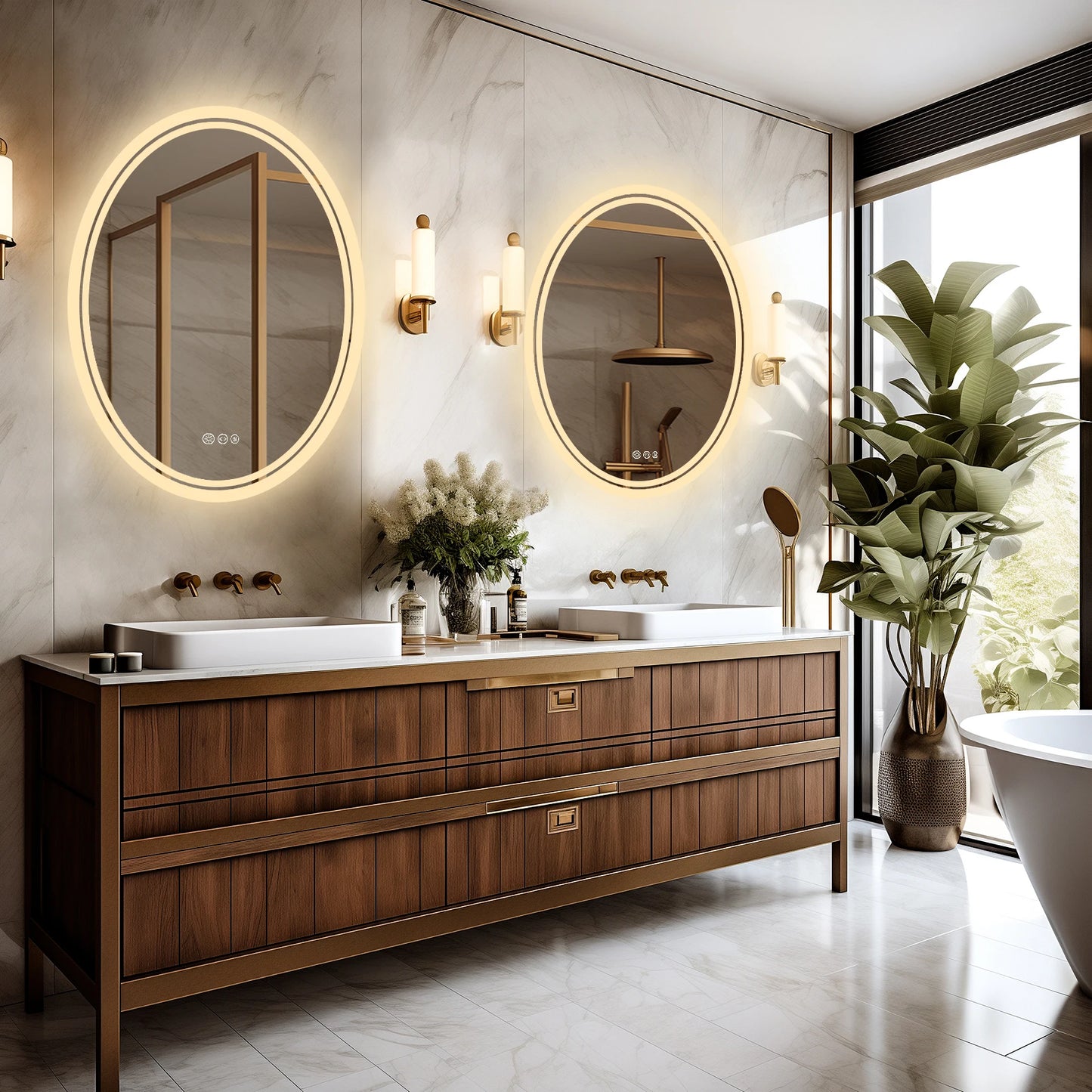 LED Round Bathroom Vanity Mirror Wall Mounted Anti Fog Dimmable