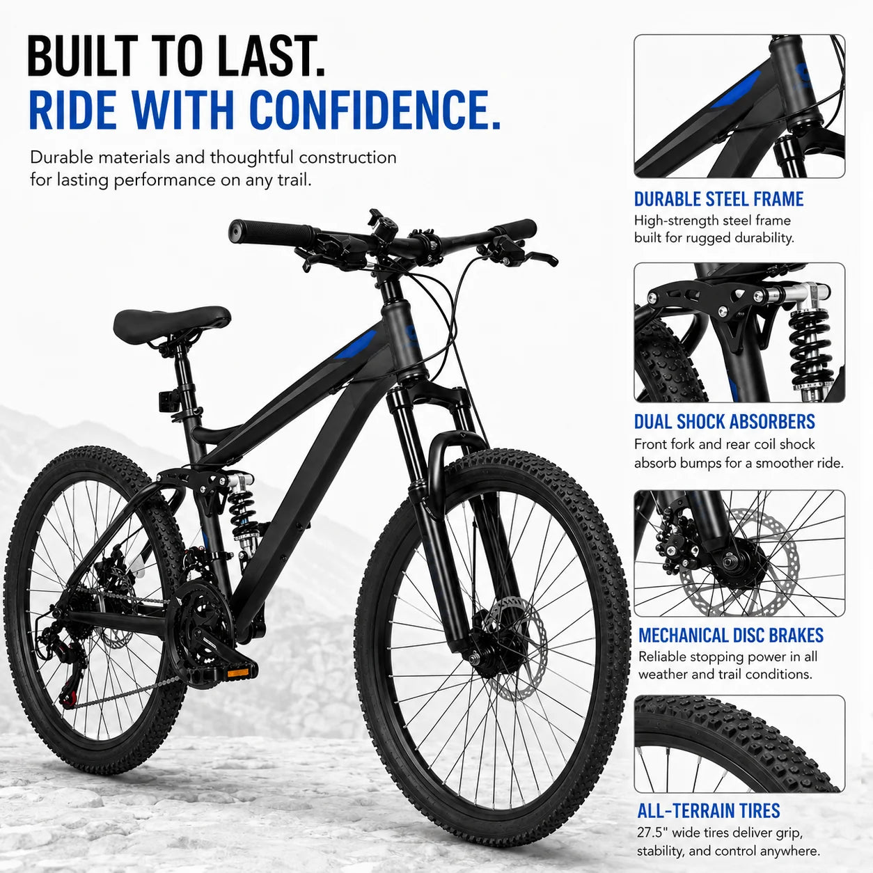 24/26/27.5 Inch Full Suspension Mountain Bike 21-Speed Mechanical Disc Brakes Suitable for Men and Women, Youth Bicycles Easy to Assemble