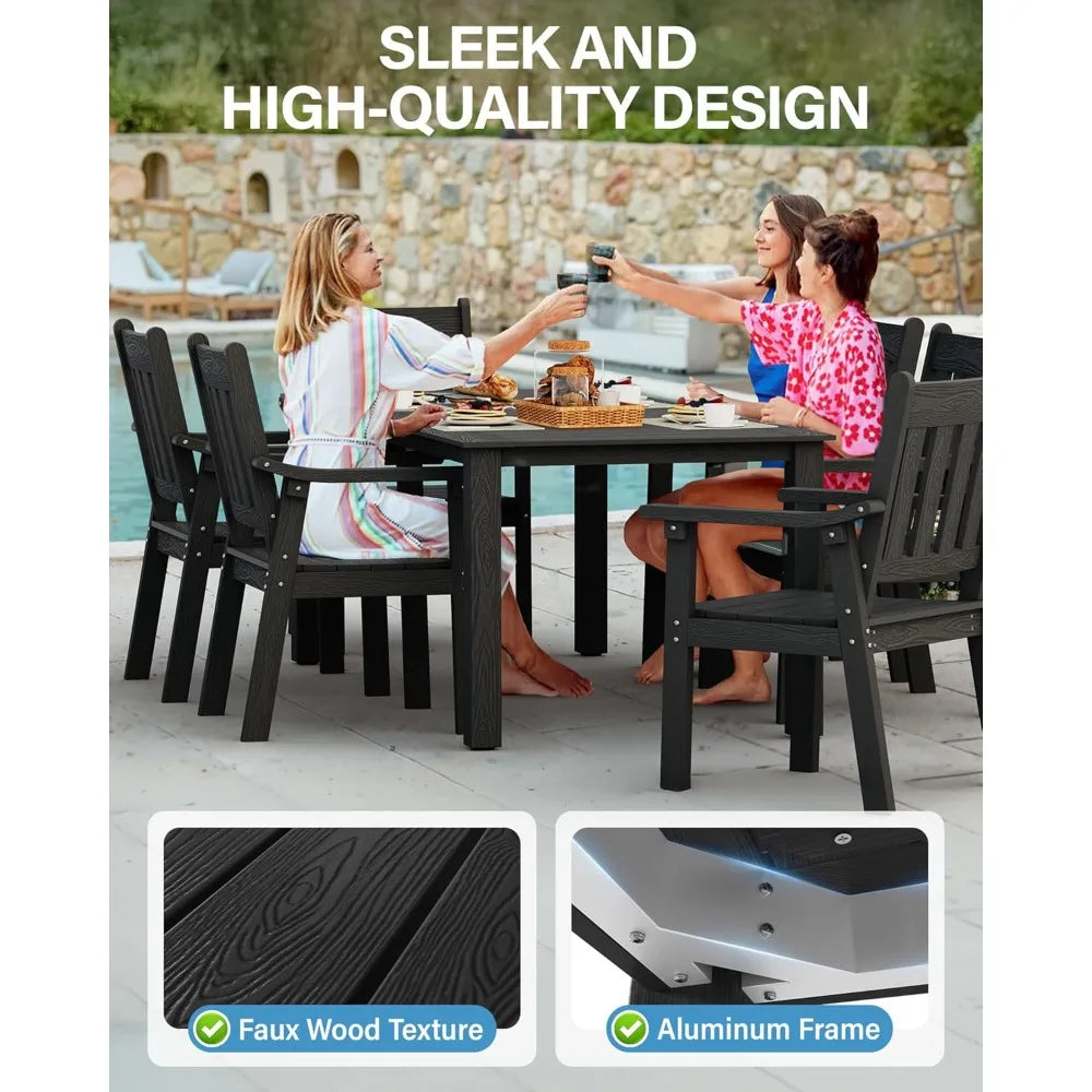 HIPS Patio Table Set: 7 Piece Outdoor Table and Chairs Dining Furniture Set with Umbrella Hole - Black Modern Plastic Dining Se