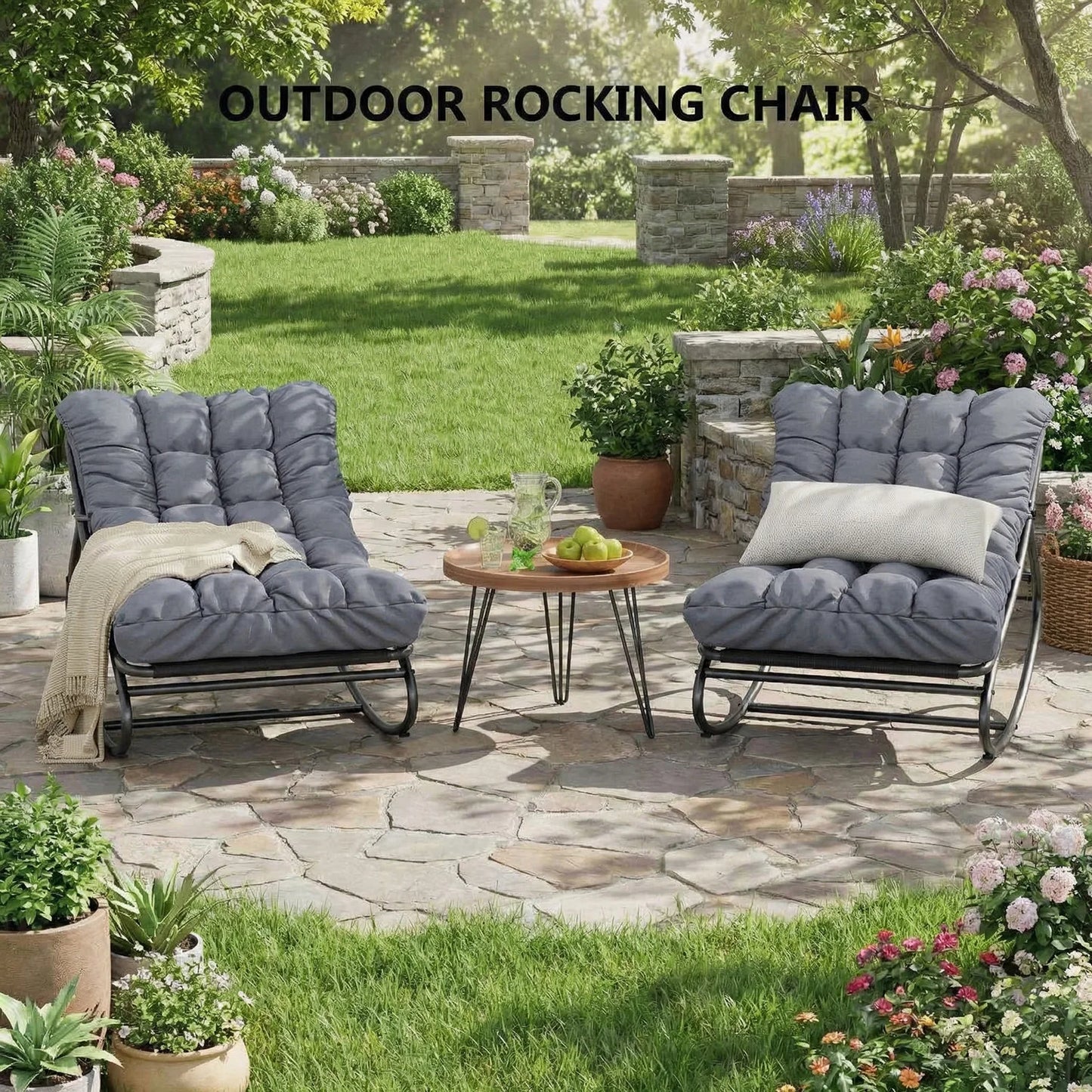 Oversized Outdoor Patio Rocking Chair – Heavy Duty Metal Frame, Thick Cushions, Comfy Recliner, 400/450 LBS Capacity – Relaxing Garden, Porch, Balcony, Backyard & Indoor Lounge Seating