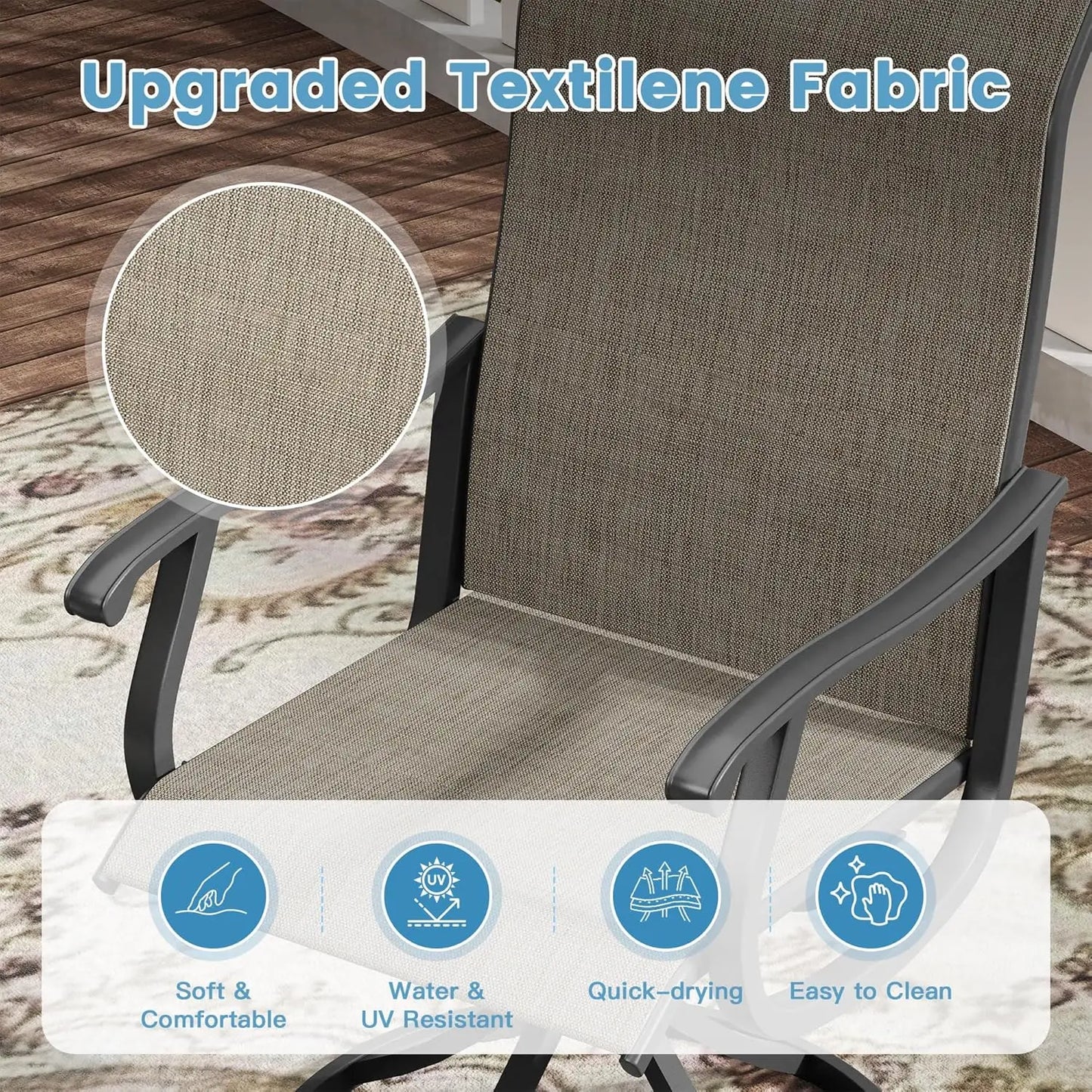 5 Pieces Outdoor Patio Dining Set, 4 Brown Textilene Swivel Dining Chairs and 40.6" Black Round Dining Table, Metal, Customized