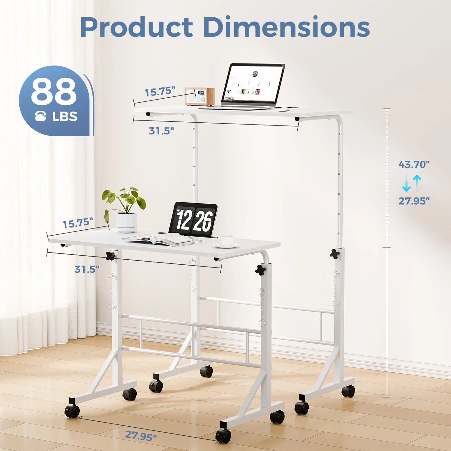 JHK 31.5" Adjustable Height Mobile Desk with Locking Wheels Pin-Lock Portable Computer Desk Laptop Workstation for Walking Pad Active Home Office