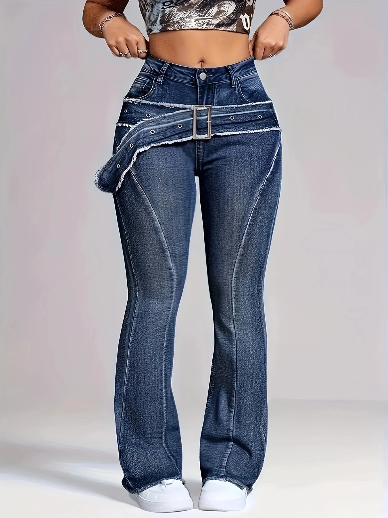 Womens Faux Waistband Curved Edge Micro Flare Denim Jeans