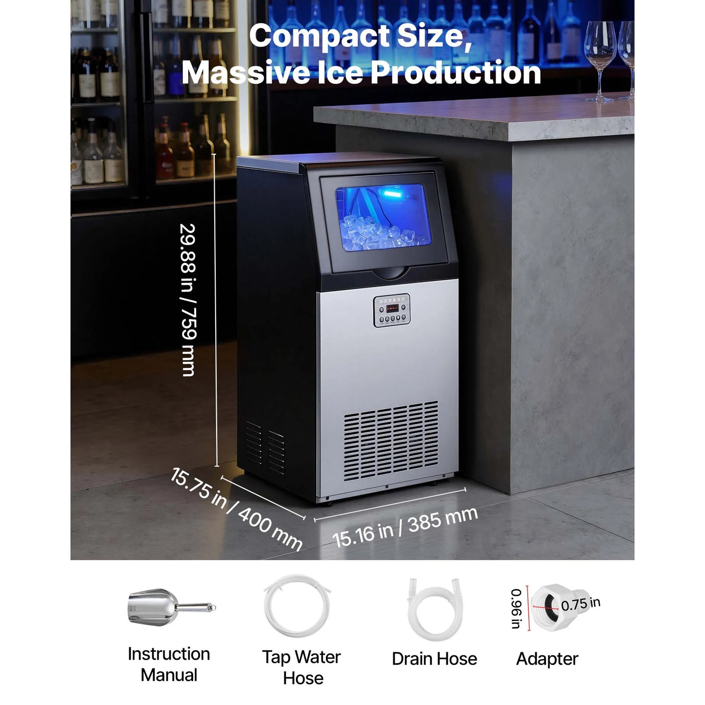 SucceBuy Commercial Ice Maker Machine 80/100/130/160 lbs 24h with 13/30 lbs Storage Capacity Stainless LED Display for Home Bar
