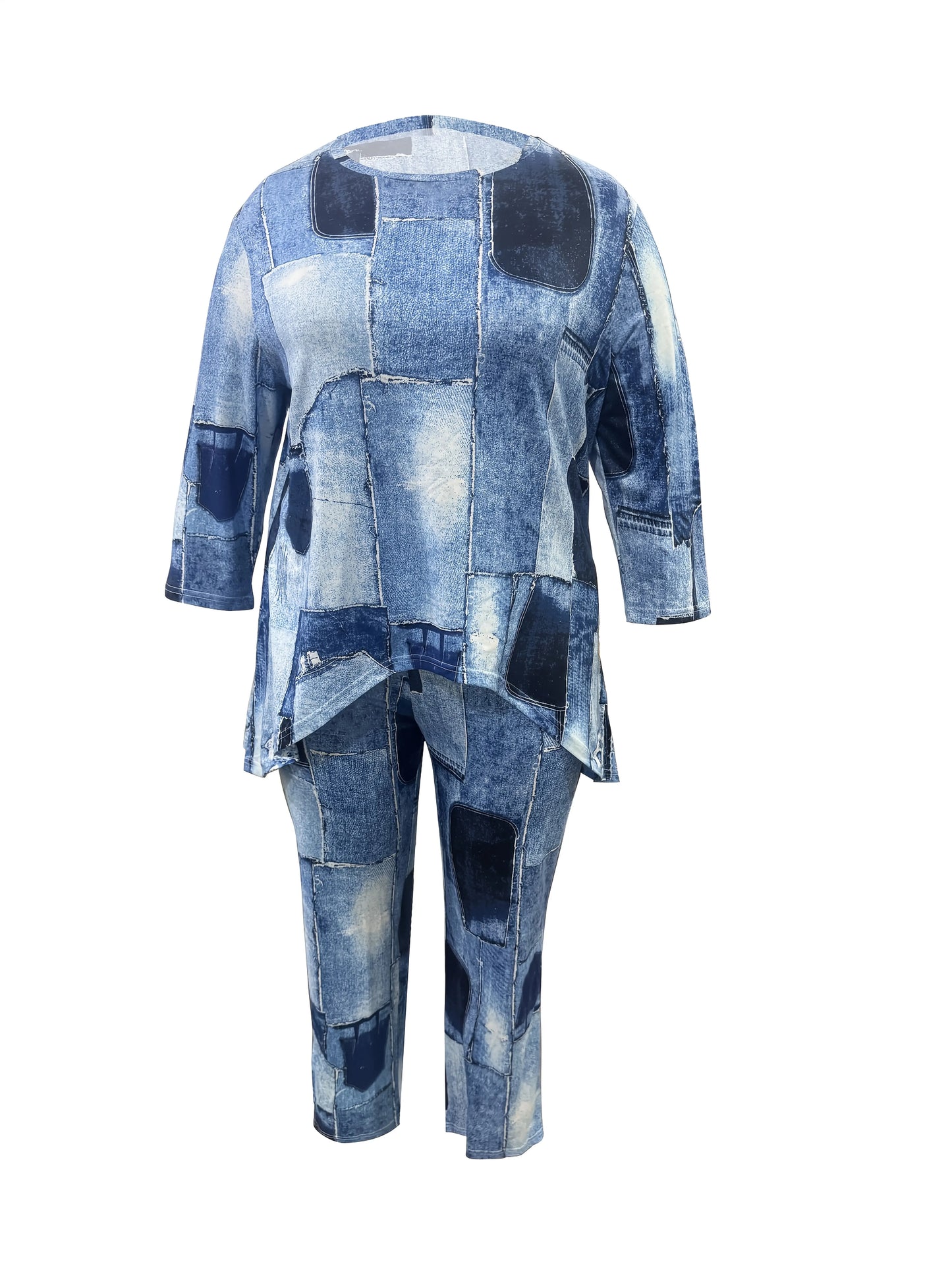 Faux Denim Print Top With Asymmetric Hem Crew Neck Shirt