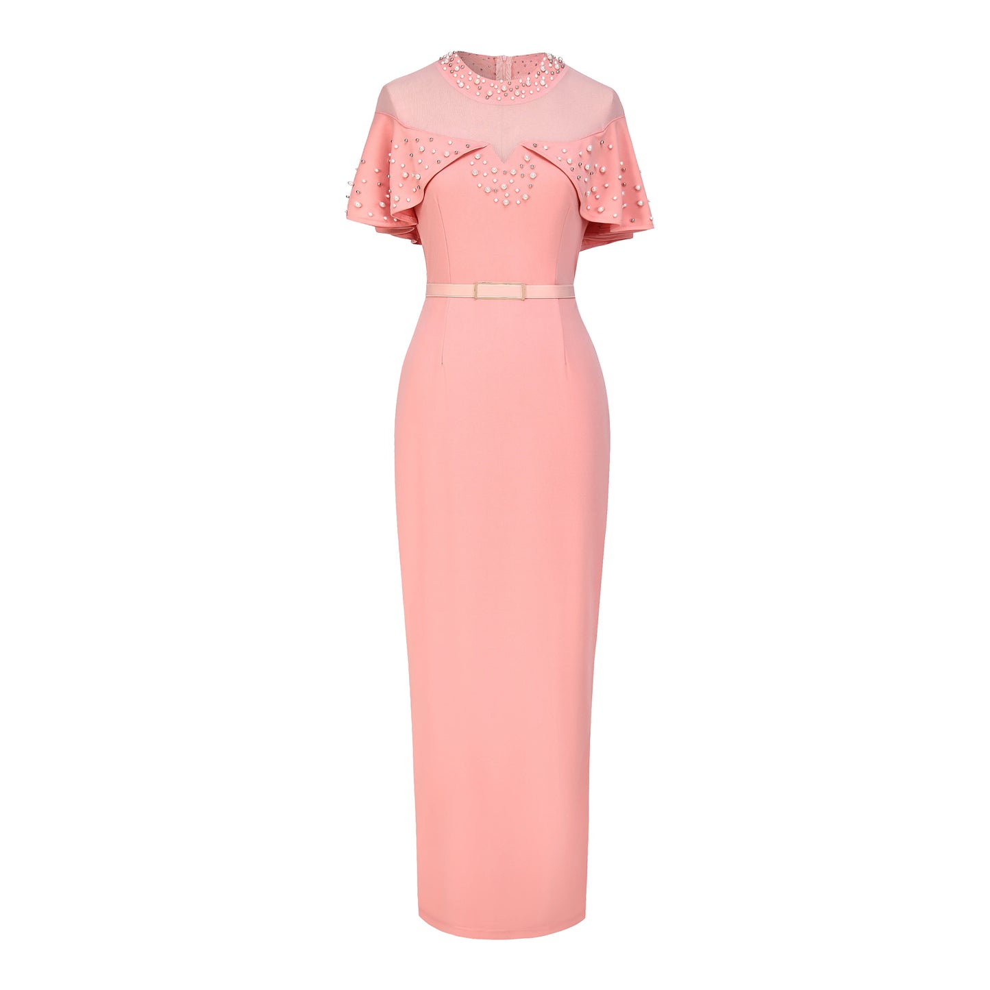 2025 Fashion Elastic Banquet Elegant Dress with Beaded Tulle Shawl Sleeves, Belted, Slim-Fitting, and Pencil Long Skirt