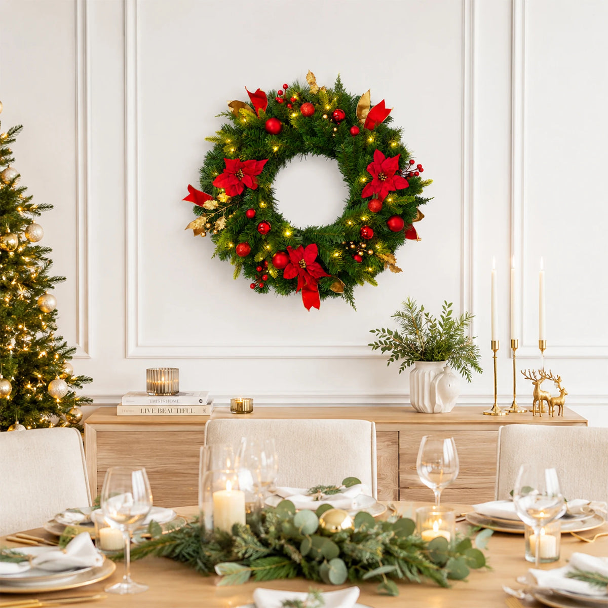 HiMiss Lighted Christmas Wreath With Timer Rustic Holiday Door Decor