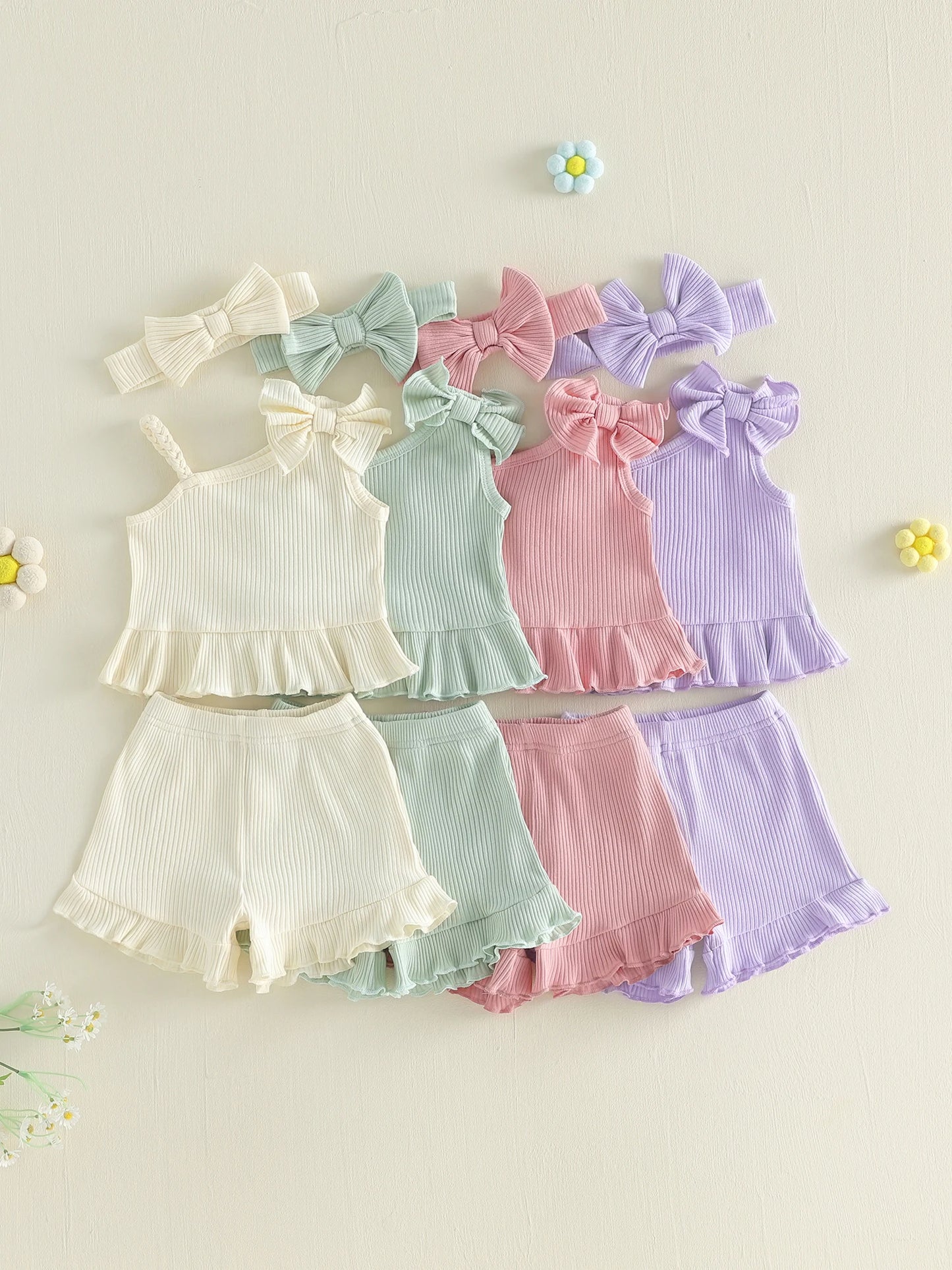 Adorable Toddler Girl s Summer Ensemble with Bow Detail Ribbed Sleeveless Top Ruffle Shorts and Matching Headband - 3 Piece