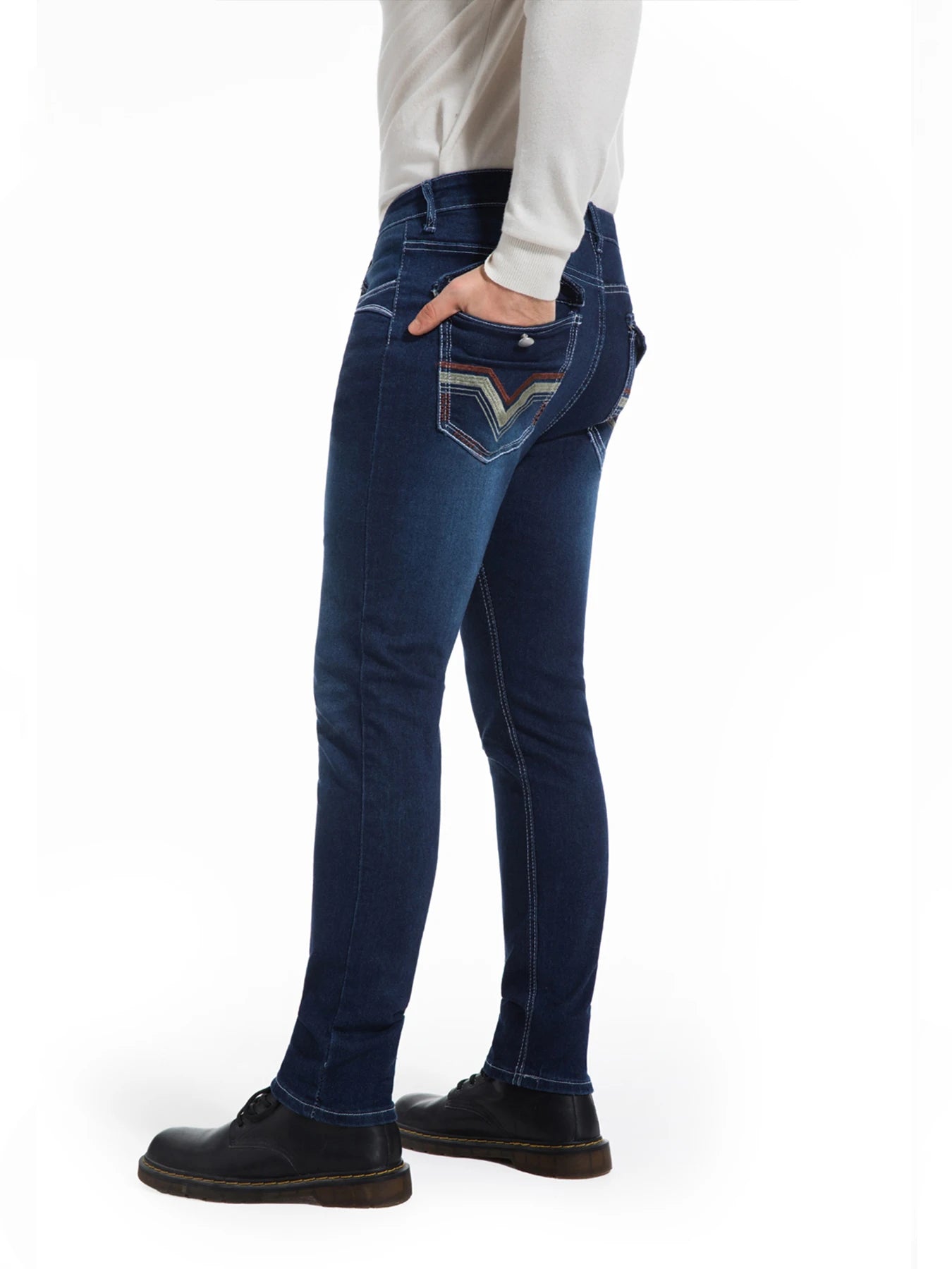 Men's deep blue elastic embroidered casual stretch jeans, street style, solid color, suitable for all seasons.
