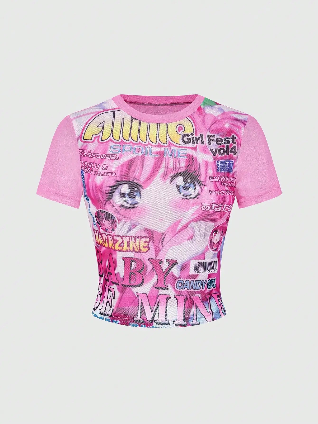 Women's Anime Manga Graphic Crop Top, Short Sleeve, Sheer Mesh, Y2K Style