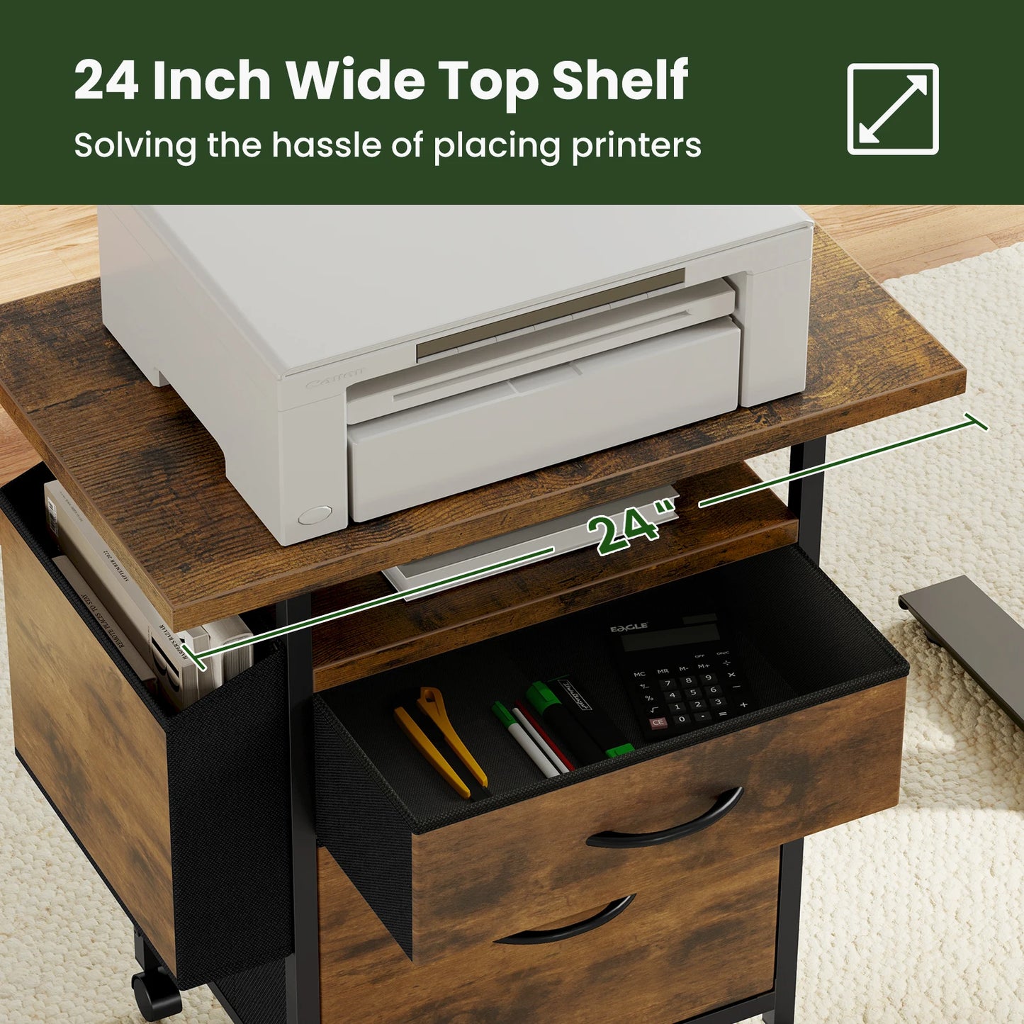 JHK Mobile File Cabinet with 2 Fabric Drawers Printer Stand with Open Shelf & Side Storage Bag Under Desk Office Storage Cabinet with Wheels Rolling Filing Cabinet for A4/Letter Size Files