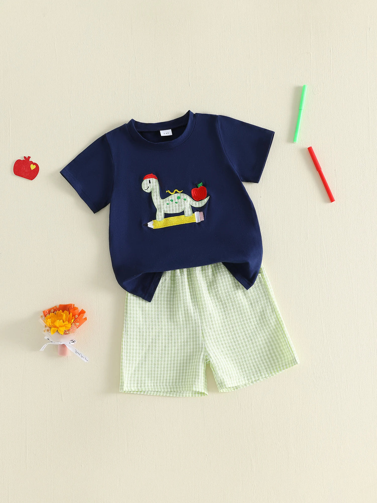 Toddler Boys Dinosaur Embroidery Tshirt And Matching Shorts Set