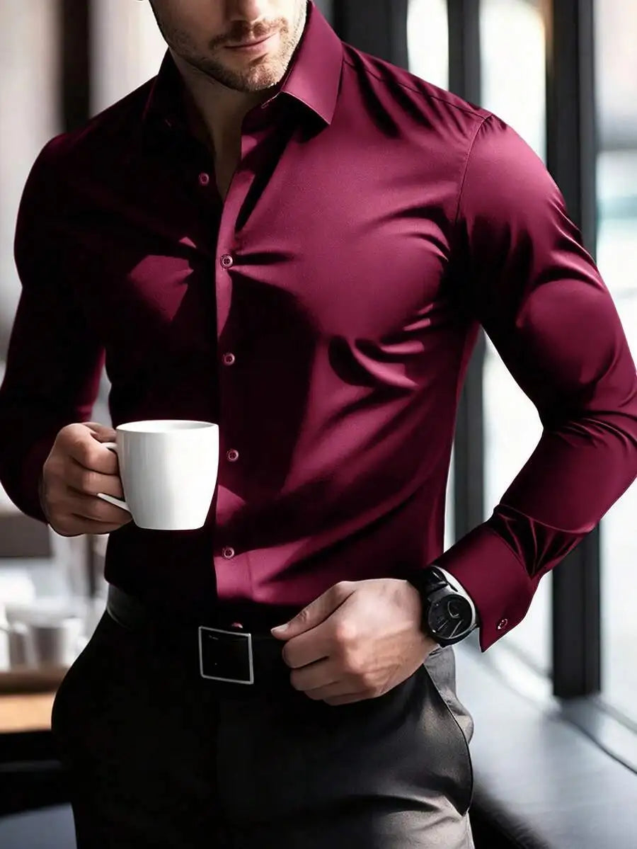 Mens Solid Color Long Sleeve Button Up Shirt Stand Collar