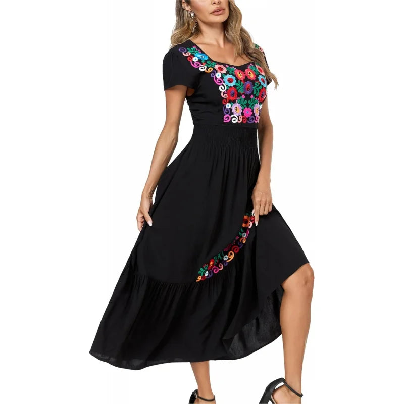 Floral Embroidered Maxi Dress For Women, Round Neck, Short Sleeve