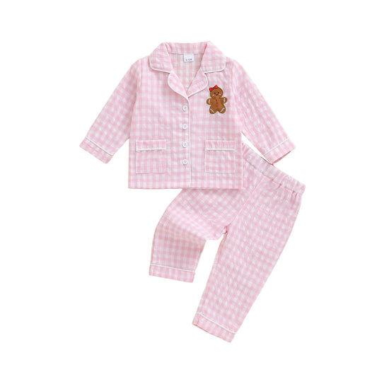 Girls Christmas Pajama Set Plaid Print Lapel Long Sleeve Tops And Pants Toddlers