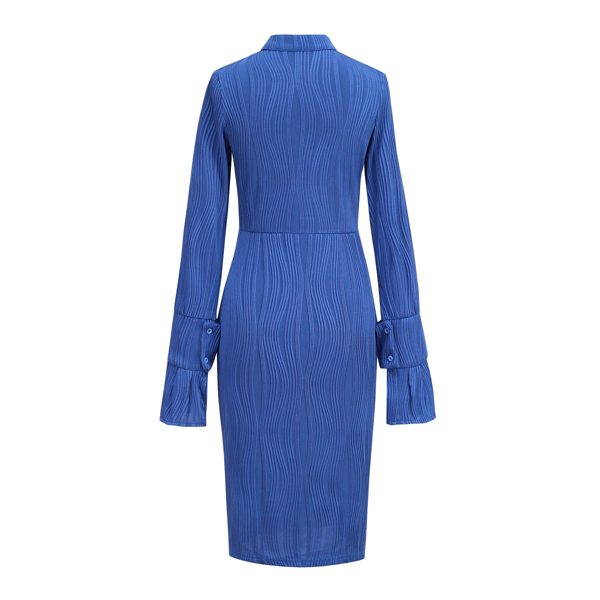 Royal Blue Stretchy Vertical Texture Dress Stand Collar Placket Bell Sleeve Waist Cinching Mini Dress