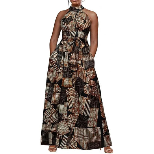 Cotton Polyester Maxi Dress With Lace-Up High Waist Collar Sleeveless
