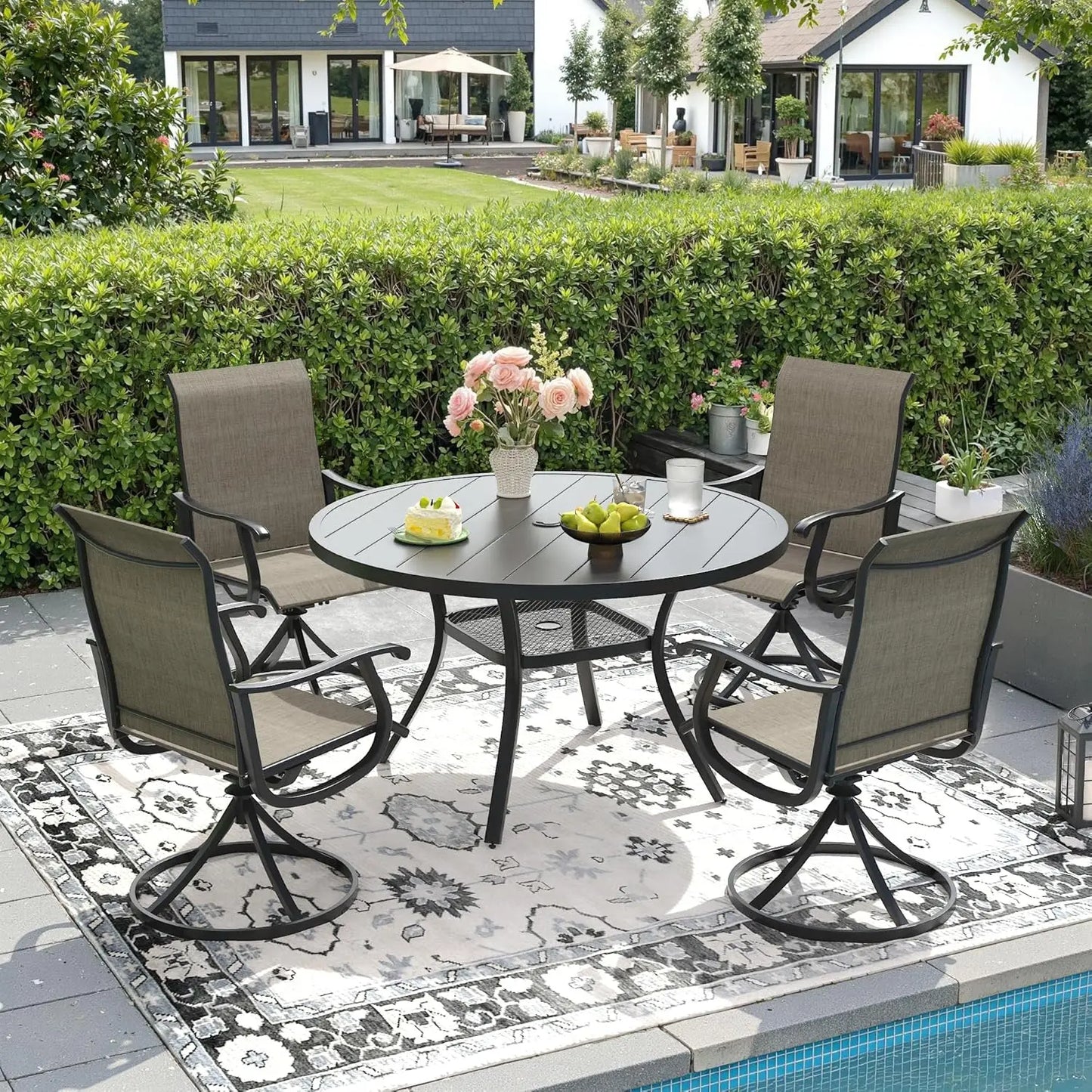 5 Pieces Outdoor Patio Dining Set, 4 Brown Textilene Swivel Dining Chairs and 40.6" Black Round Dining Table, Metal, Customized
