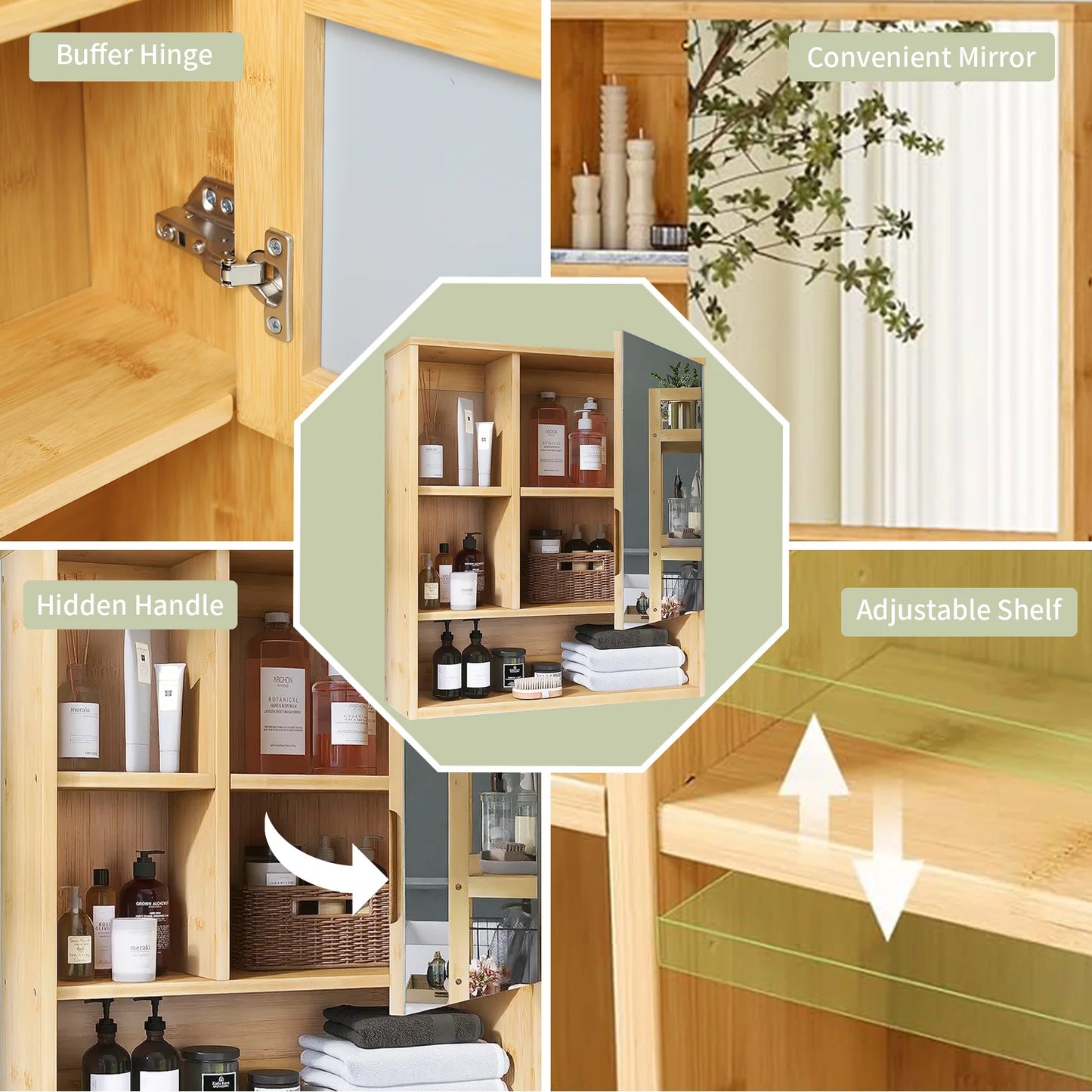 Bathroom Wall Mounted Bamboo Medicine Cabinet Mirror Large Storage Shelving