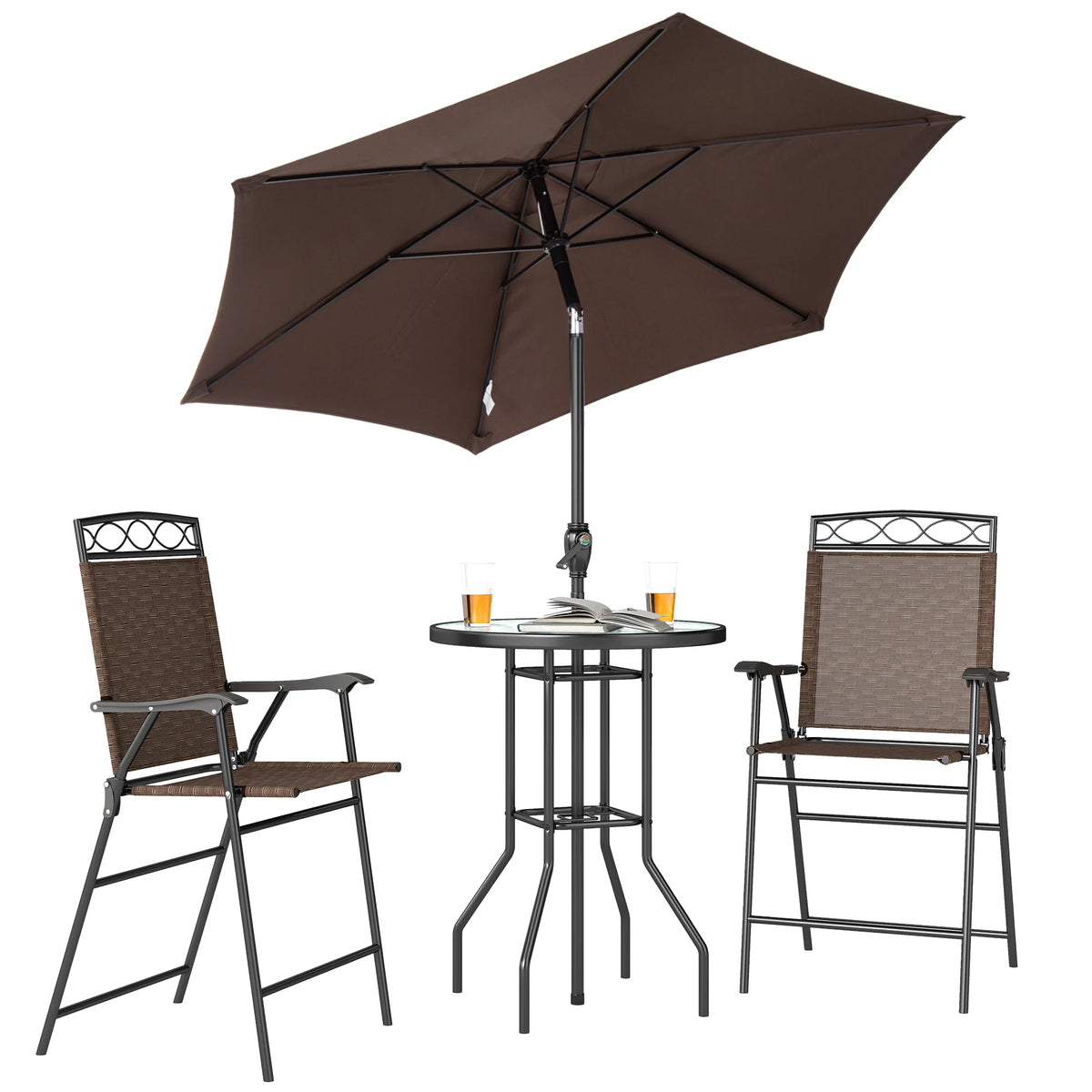 4Pc Outdoor Patio Dining Set Furniture, 2 Folding Chairs, Table, Umbrella, Brown