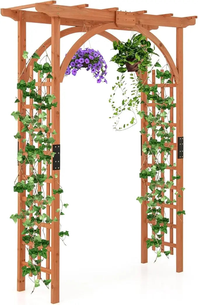Wooden Garden Gazebo Arch with Decorative Roof and Climbing Frame