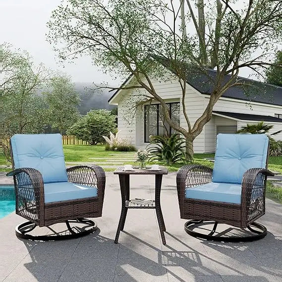 3 Piece Outdoor Swivel Chairs, Wicker Patio Bistro Set with Thickened Cushions and Side Table, Patio Swivel Rocking Chairs for P
