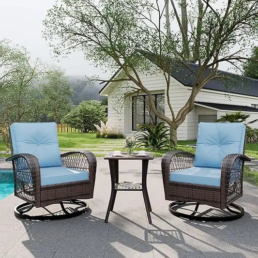 3 Piece Outdoor Swivel Chairs, Wicker Patio Bistro Set with Thickened Cushions and Side Table, Patio Swivel Rocking Chairs for P