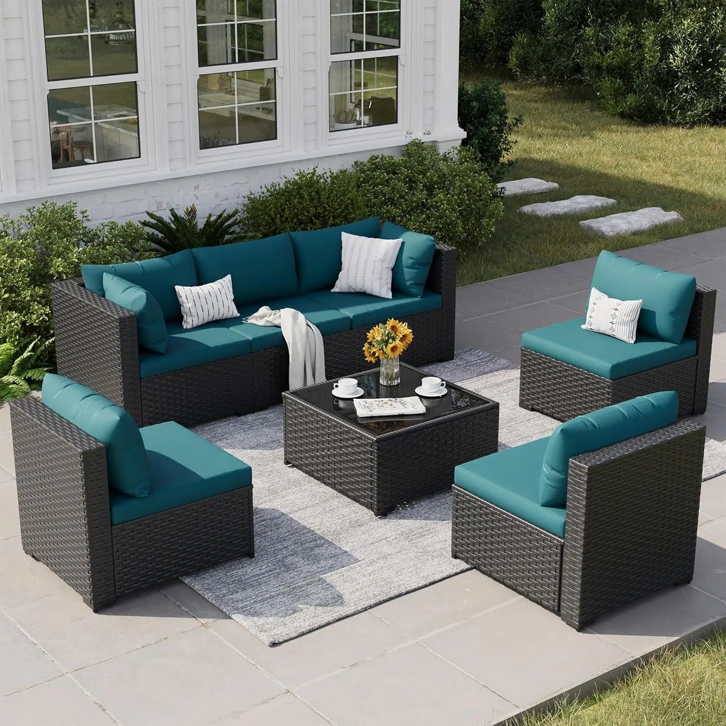 Patio Furniture Set, 7-Piece Outdoor Sectional Rattan Sofa Set with Coffee Table (Navy Blue Cushions with Brown, Customized