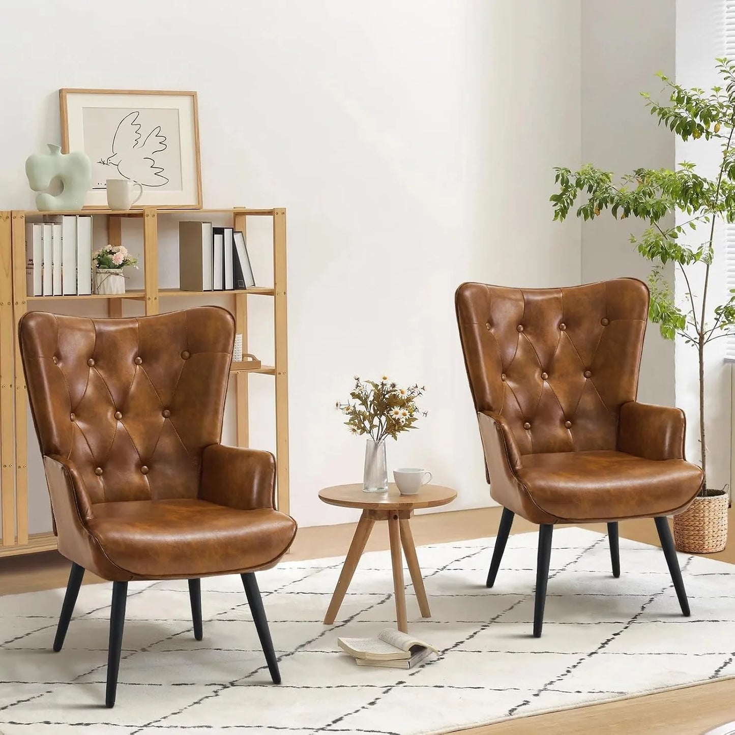 Set of 2 Mid Century Brown PU Leather Wingback Accent Chairs, High Backrest Reading Corner Armchair, Customized