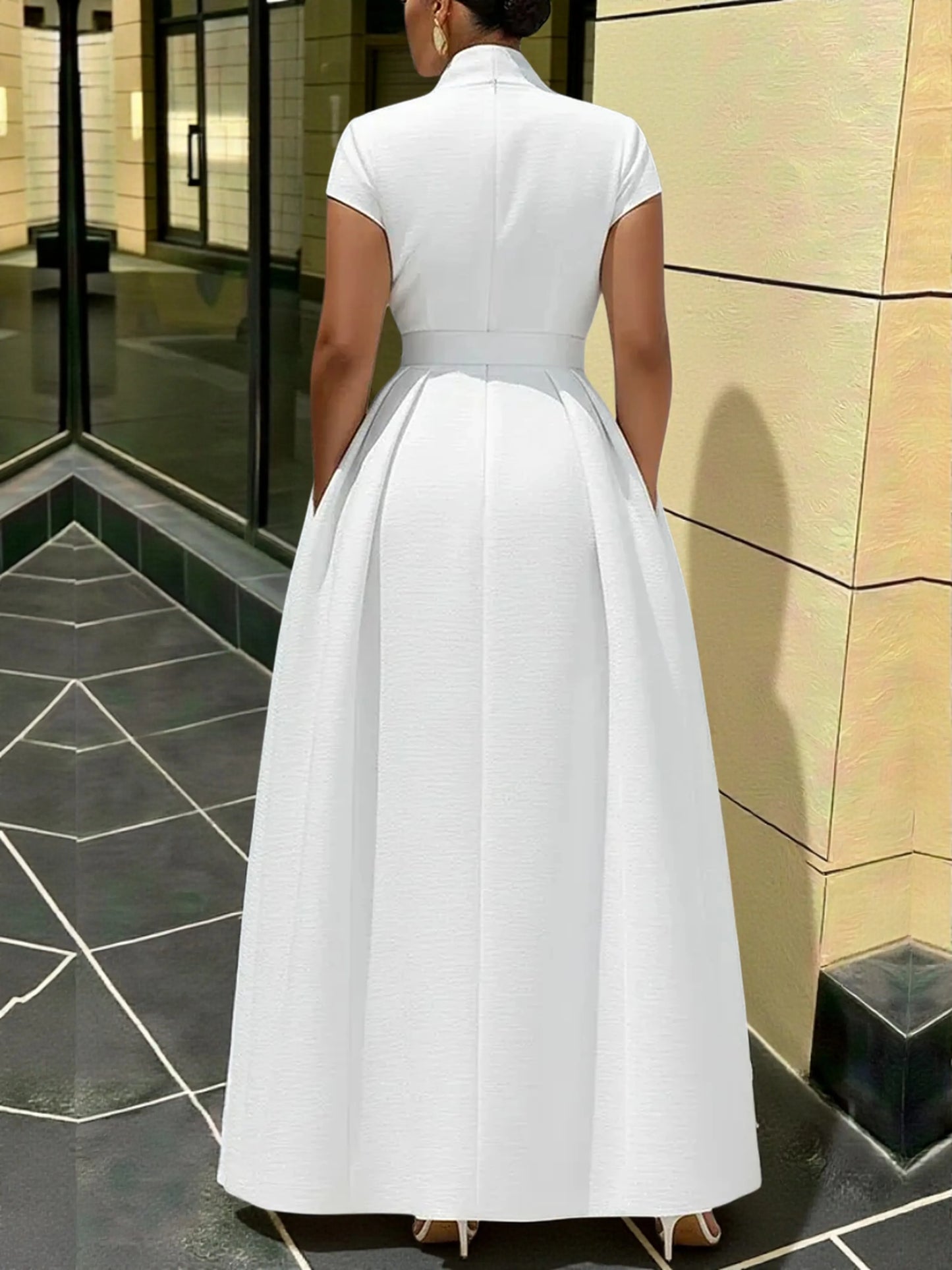 Classy Style Women Summer Lapel Short Sleeve Wrap Belted Pleated Swing Maxi Gown Dress