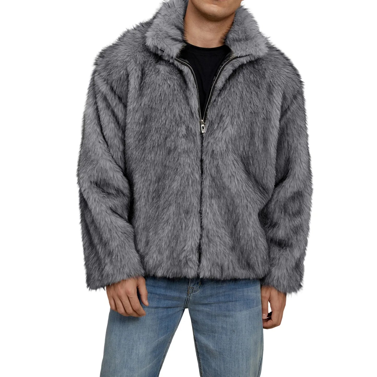 Men's Faux Fur Jacket Winter Warm Stand Collar Coat