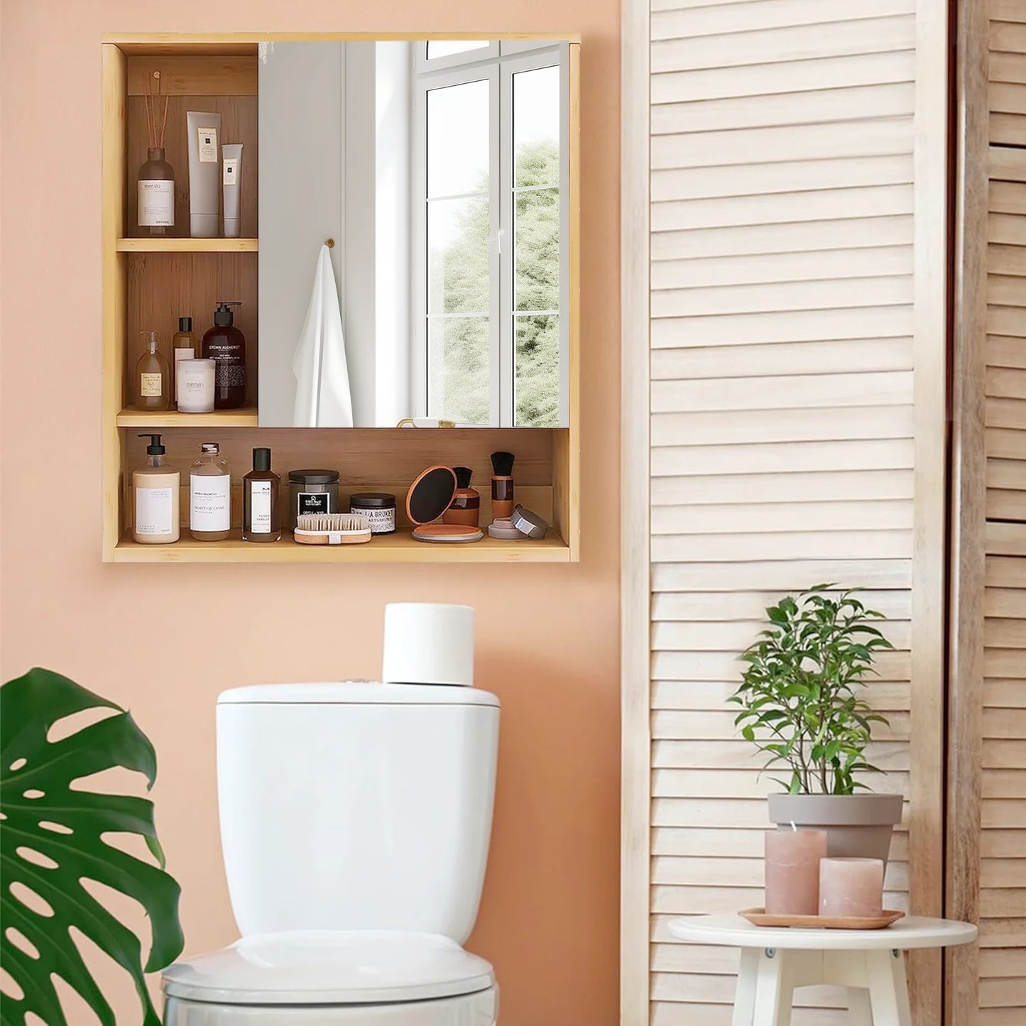 Bathroom Wall Mounted Bamboo Medicine Cabinet Mirror Large Storage Shelving
