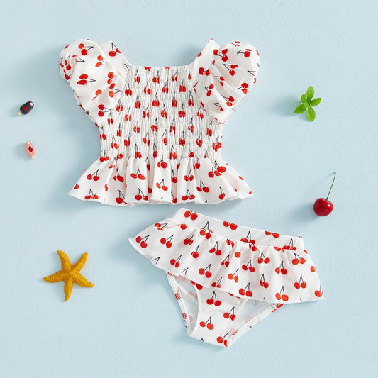 Infant Girl Floral Print Bikini Set with Bow Detailing and Ruffle Trimmed Bottoms for Beach Vacation