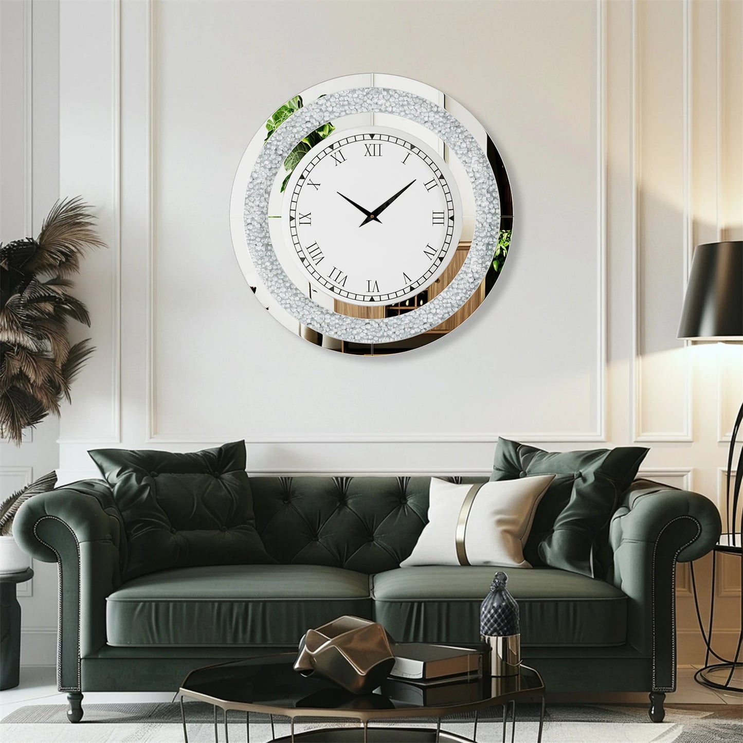 Bling Silver Round Mirror Wall Clock For Home Decor