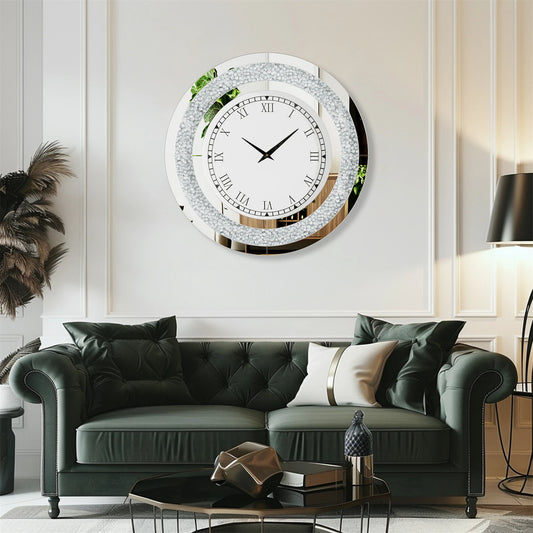 Bling Silver Round Mirror Wall Clock For Home Decor
