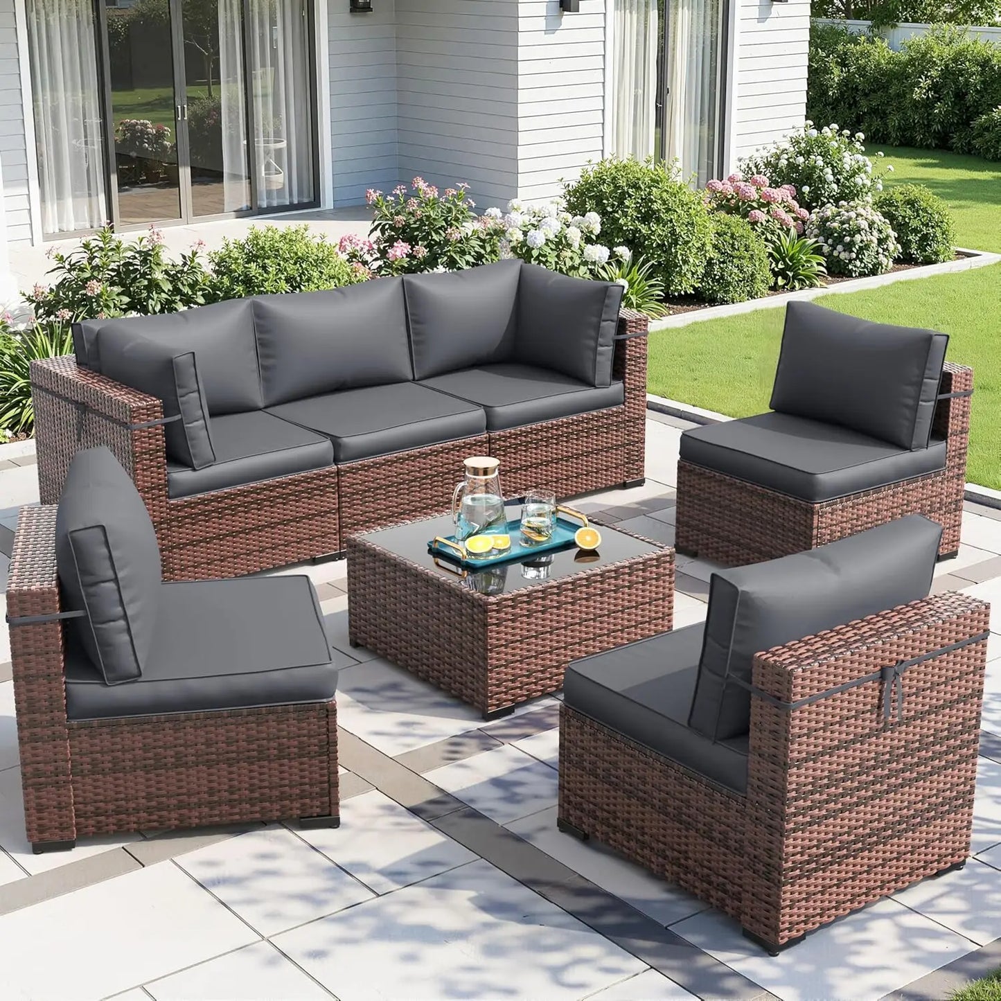 Patio Furniture Sets with Waterproof Cover, 7 Pieces Outdoor Rattan Sectional Sofa Set with Glass Table, Customized