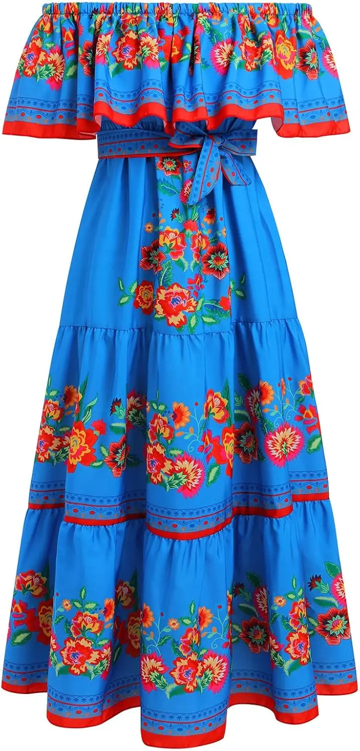 Floral Off Shoulder Maxi Dress For Women With Belt Summer Beach
