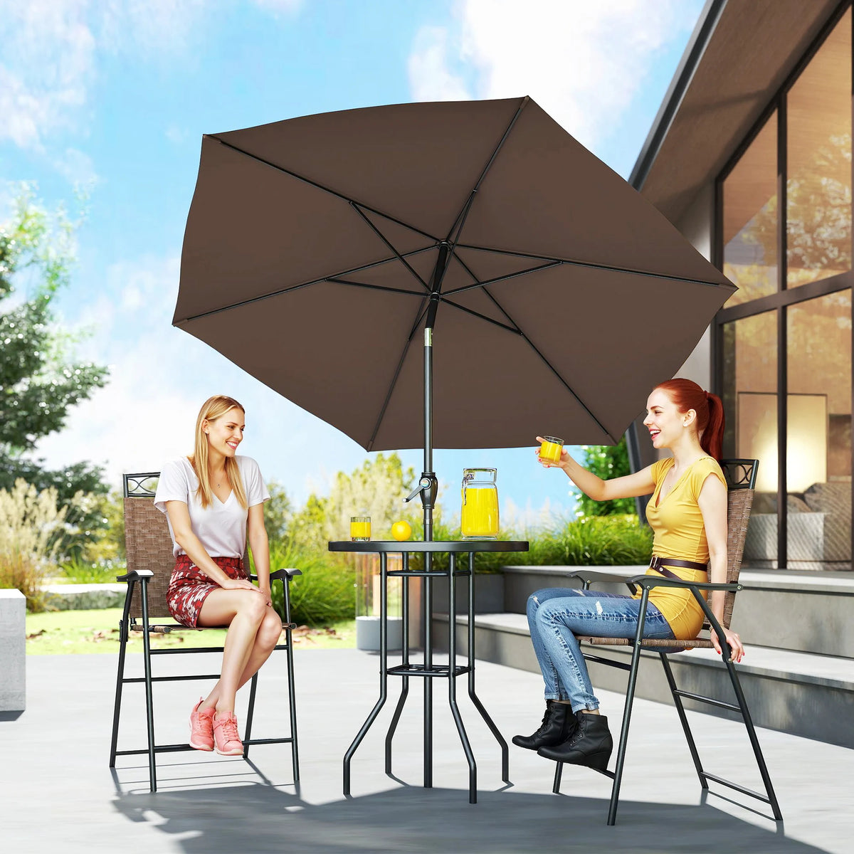 4Pc Outdoor Patio Dining Set Furniture, 2 Folding Chairs, Table, Umbrella, Brown